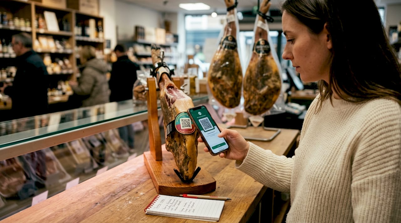 Person scanning Iberico ham traceability seal