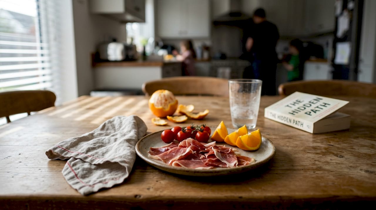 Iberico ham and fruit on rustic plate