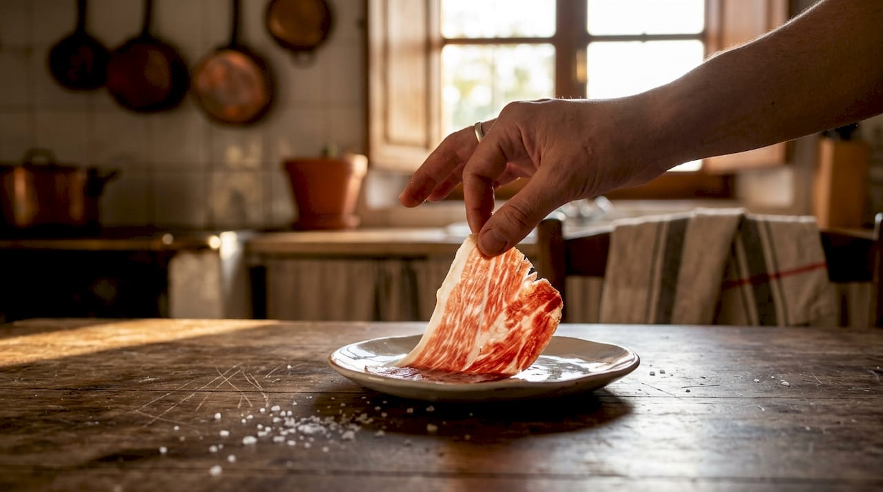 Closeup of marbled Iberico ham slice
