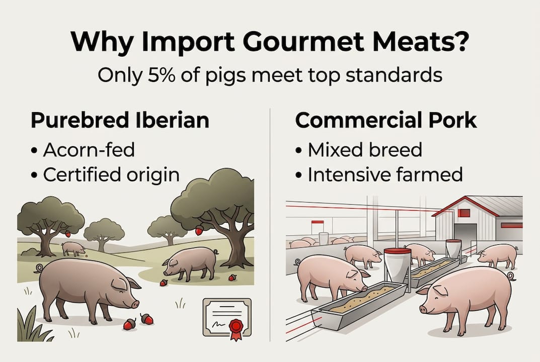 Why import gourmet meats? 5% of pigs meet top quality 3 Infographic comparing Iberian pigs and commercial pork