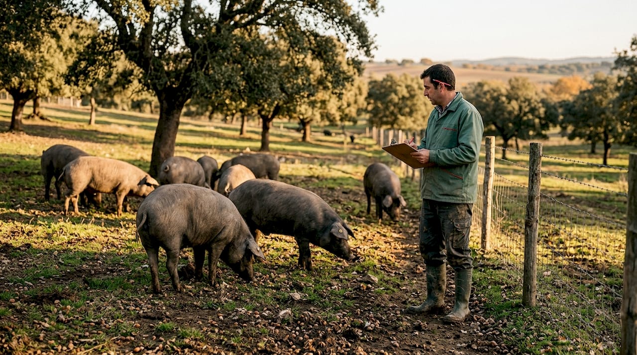 Why import gourmet meats? 5% of pigs meet top quality 4 Iberian pigs foraging in Spanish dehesa