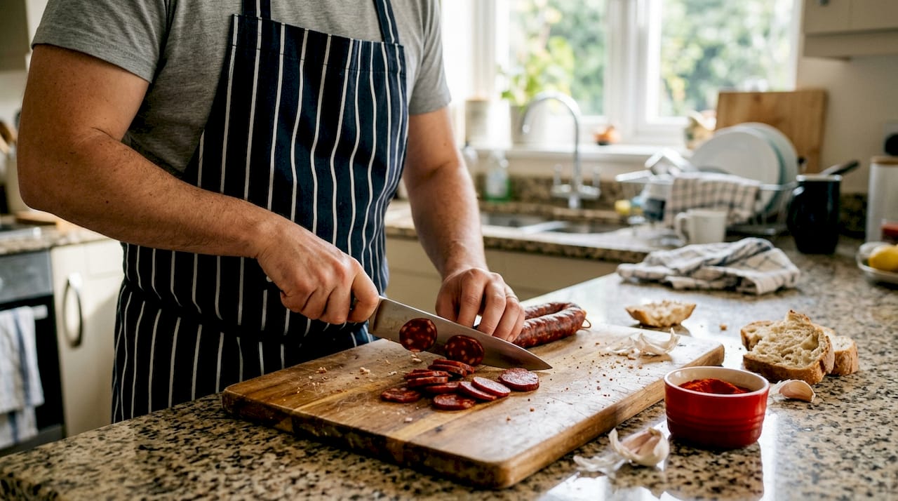 Chorizo iberico: 500 years of Spanish gourmet tradition 4 Cook slicing iberico chorizo in home kitchen