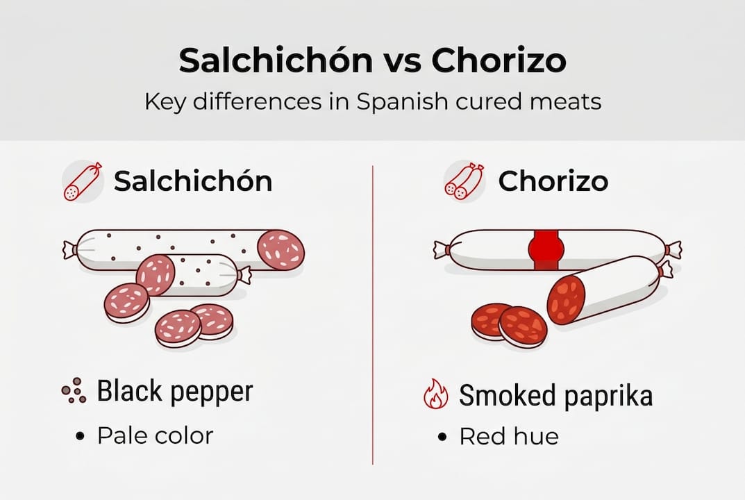 What defines Spanish salami: authentic flavours & traditions 3 Infographic contrast salchichón and chorizo features