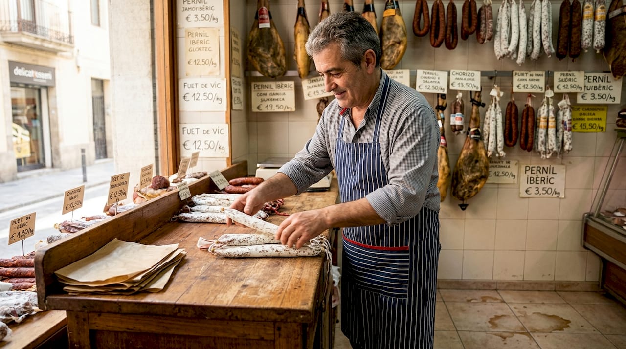 What defines Spanish salami: authentic flavours & traditions 4 Shopkeeper arranging Fuet salami in Catalonia shop