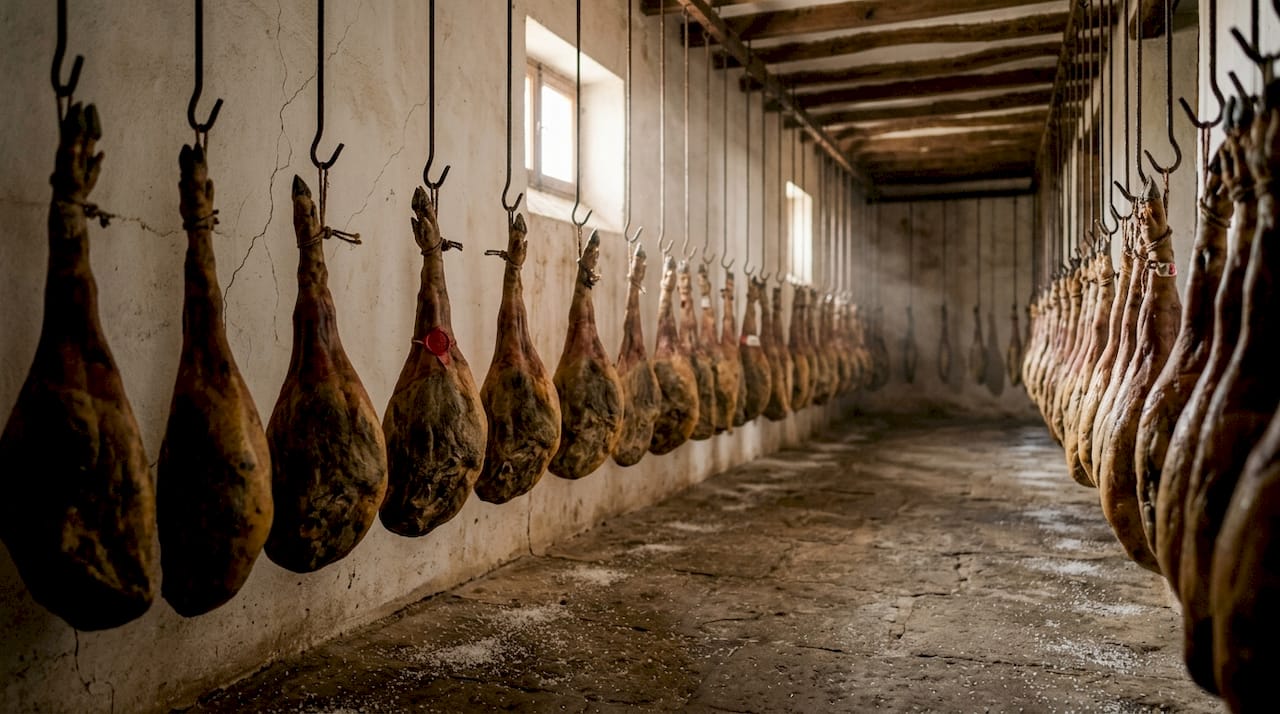 Bodega ham explained: Spanish cured ham for beginners 3 Bodega hams hanging in curing cellar