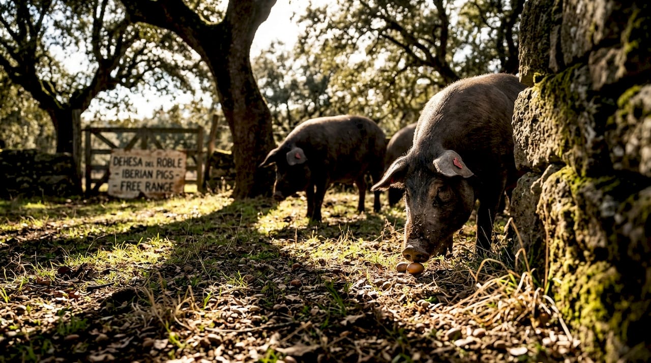 Why small-batch ham delivers unrivalled flavour 4 Iberian pigs foraging in shaded pasture