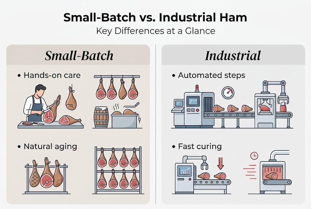 Why small-batch ham delivers unrivalled flavour 3 Infographic comparing small-batch and industrial ham