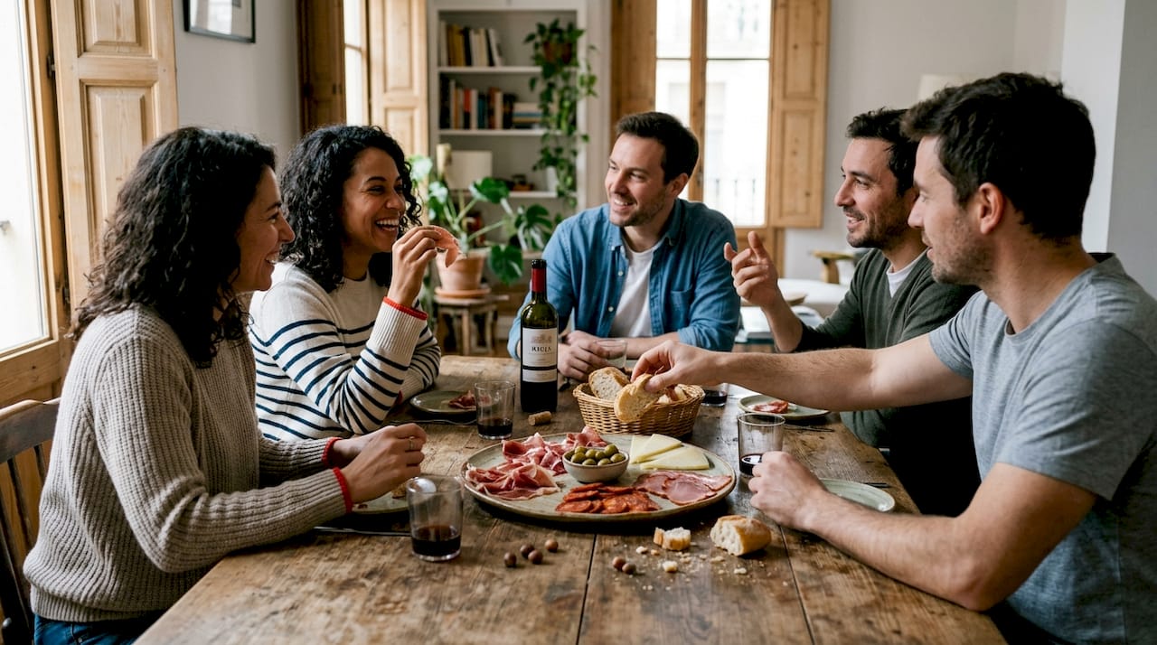 Discover Spanish charcuterie: Iberico ham, flavours, traditions 3 Friends sampling Spanish charcuterie at home