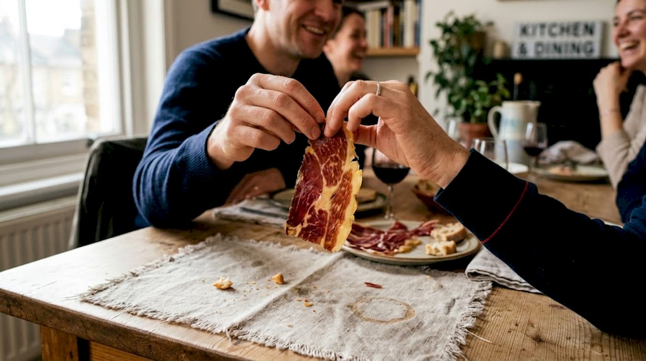Hand holding marbled Iberico ham slice