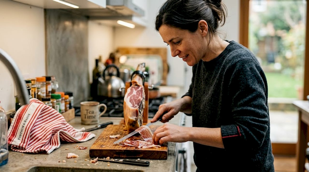 Woman carving Iberico ham in kitchen