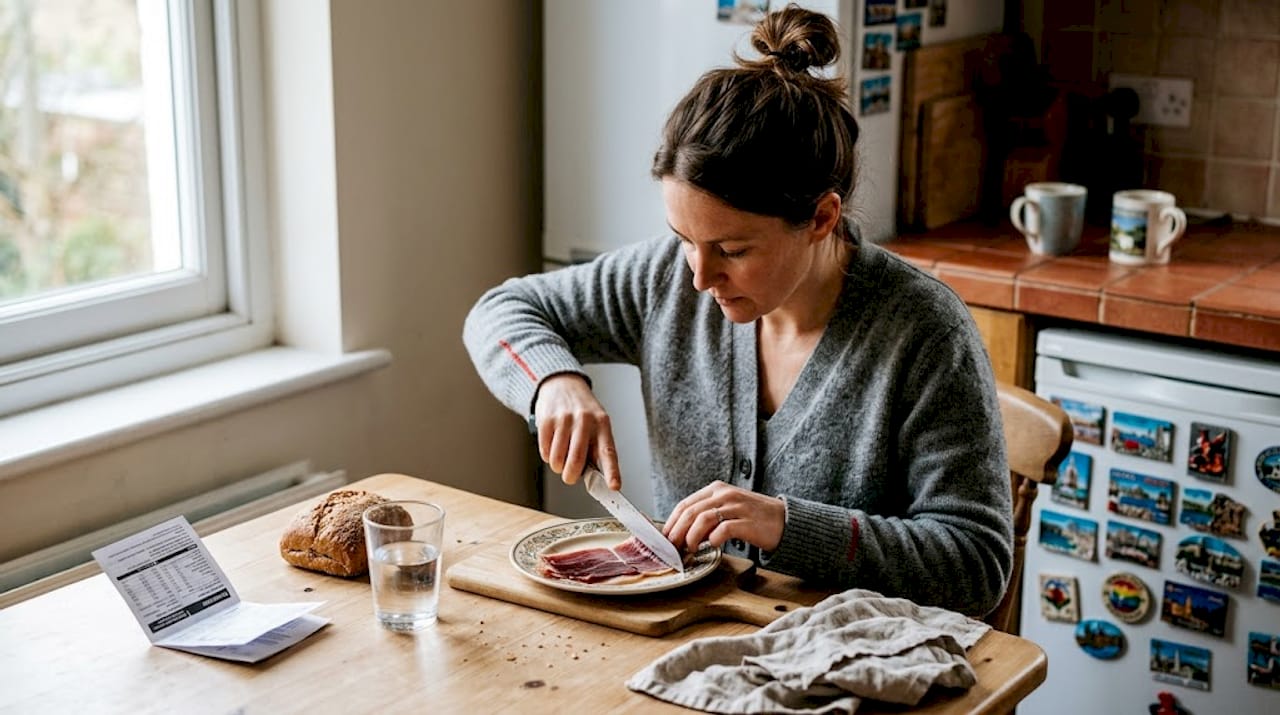 Woman slicing Pata Negra ham in kitchen