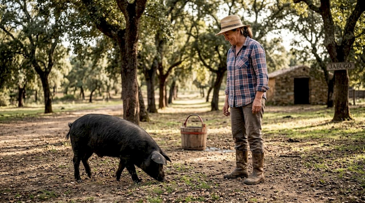 Farmer with Iberian pig in grove, Jabugo region