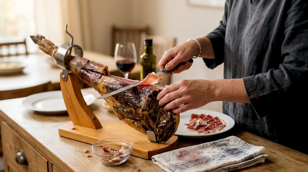 Carved Iberico ham showing marbling and fat