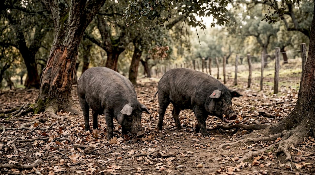 Iberian pigs foraging for acorns in dehesa