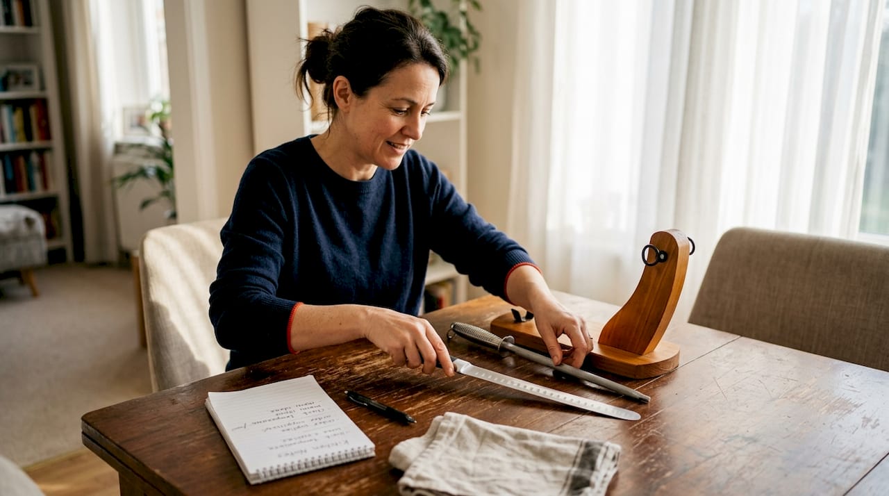Organized workspace with ham carving tools