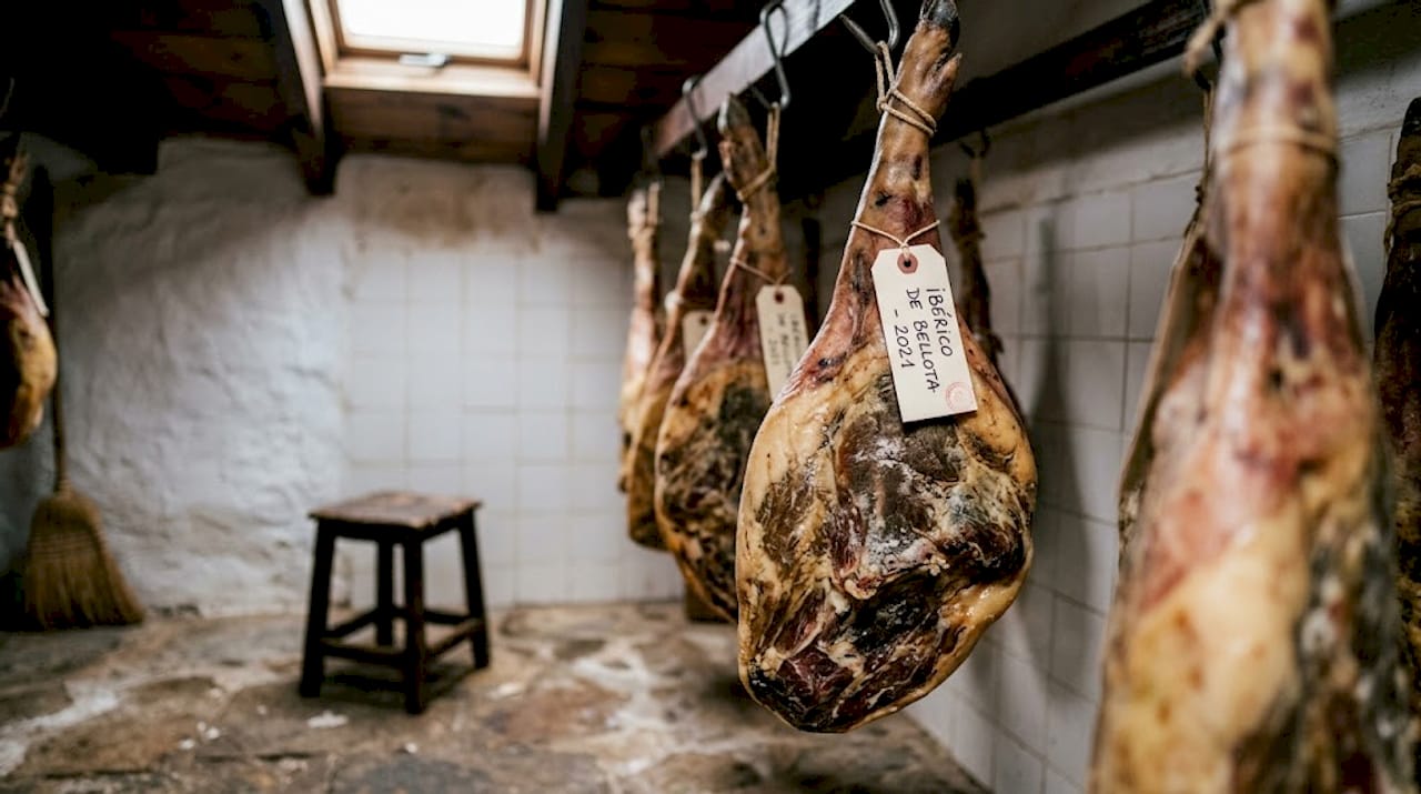 Cured Iberico ham hanging in rustic room