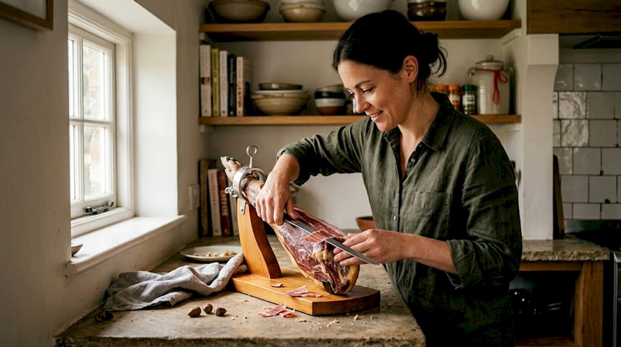 Home cook slicing artisanal ham in kitchen