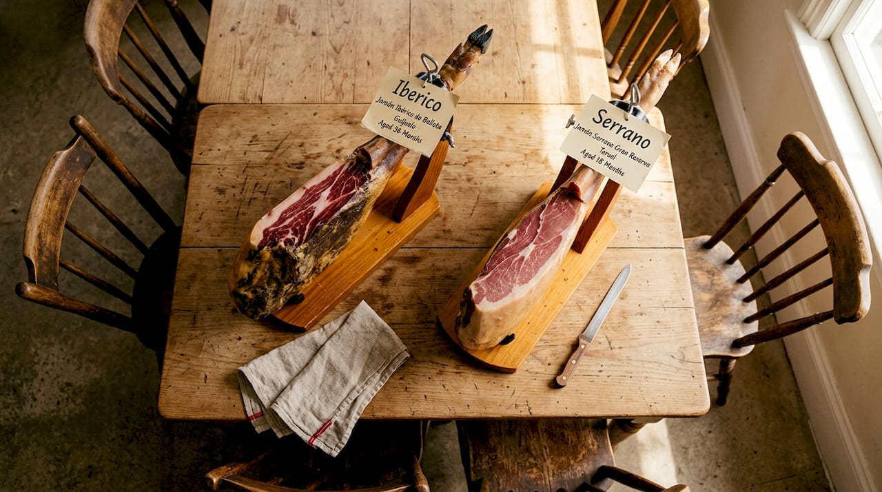 Iberico and Serrano hams side by side on table