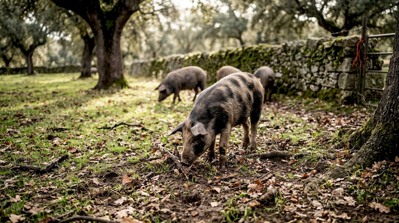 Iberico pigs foraging in oak woodland