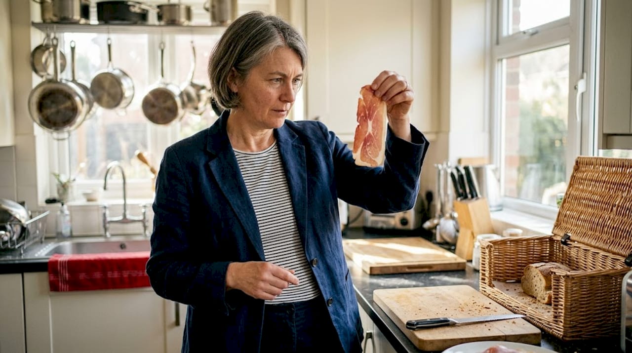 Woman inspecting texture of sliced ham