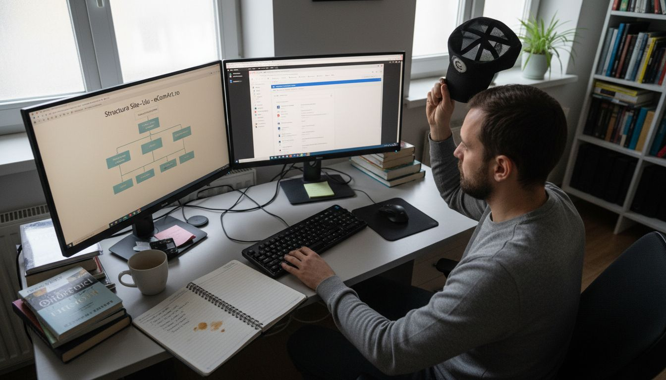 Administratorul analizează structura site-ului, având deschise paginile pe două monitoare.