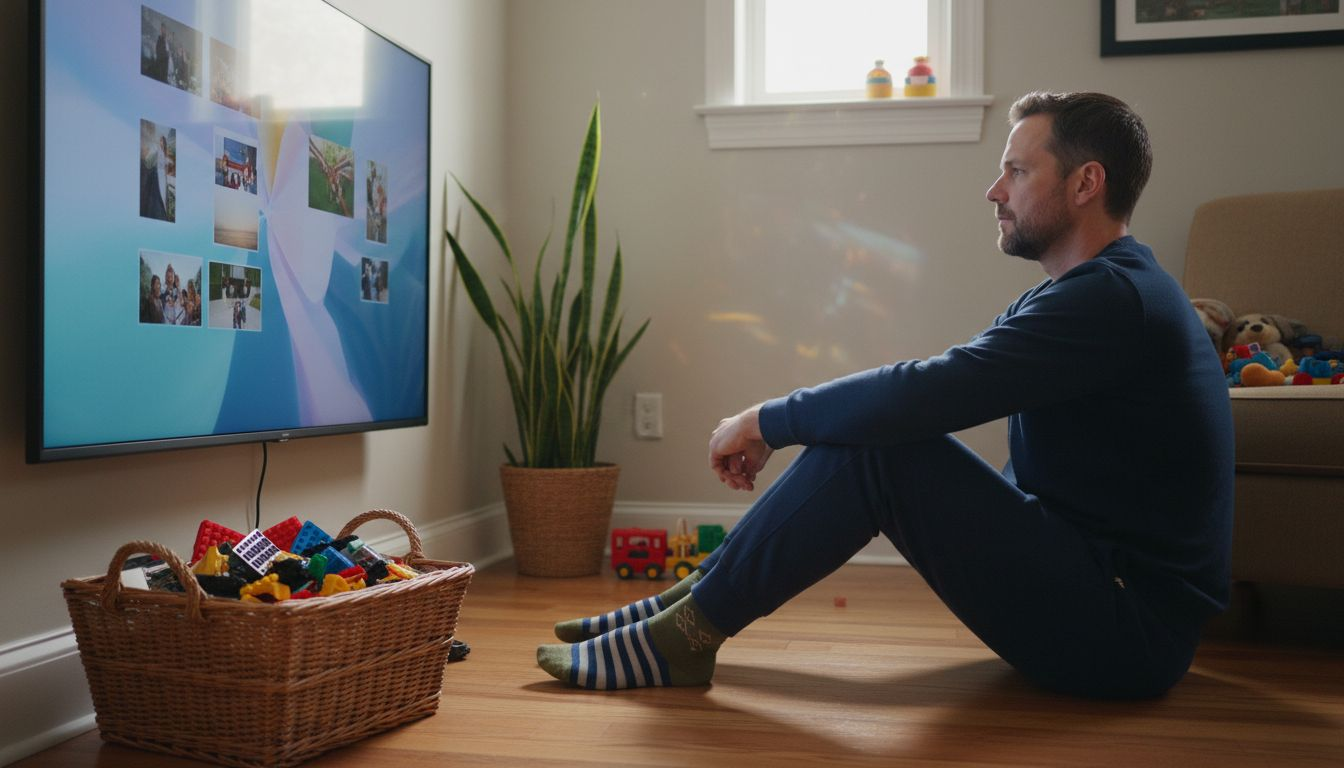 Man watch animated digital art at home