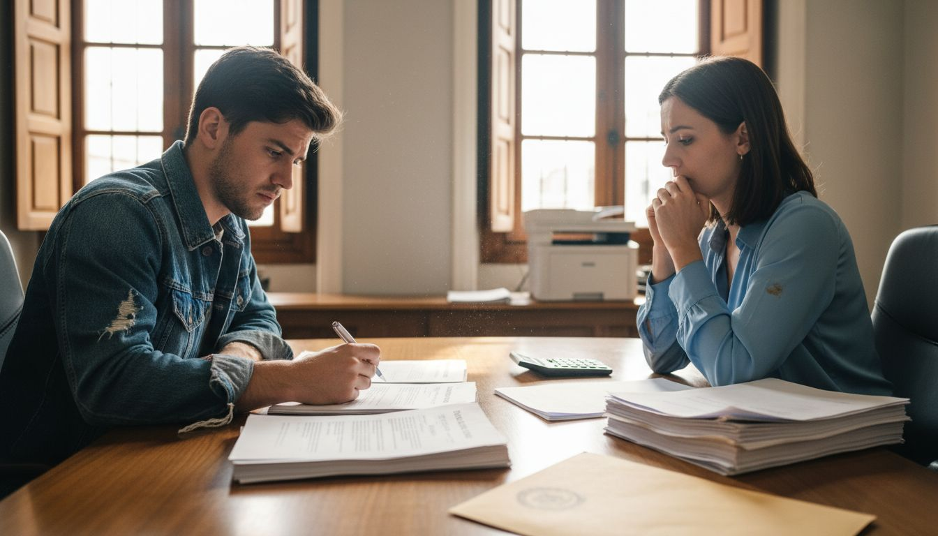 Couple signing property documents at law office