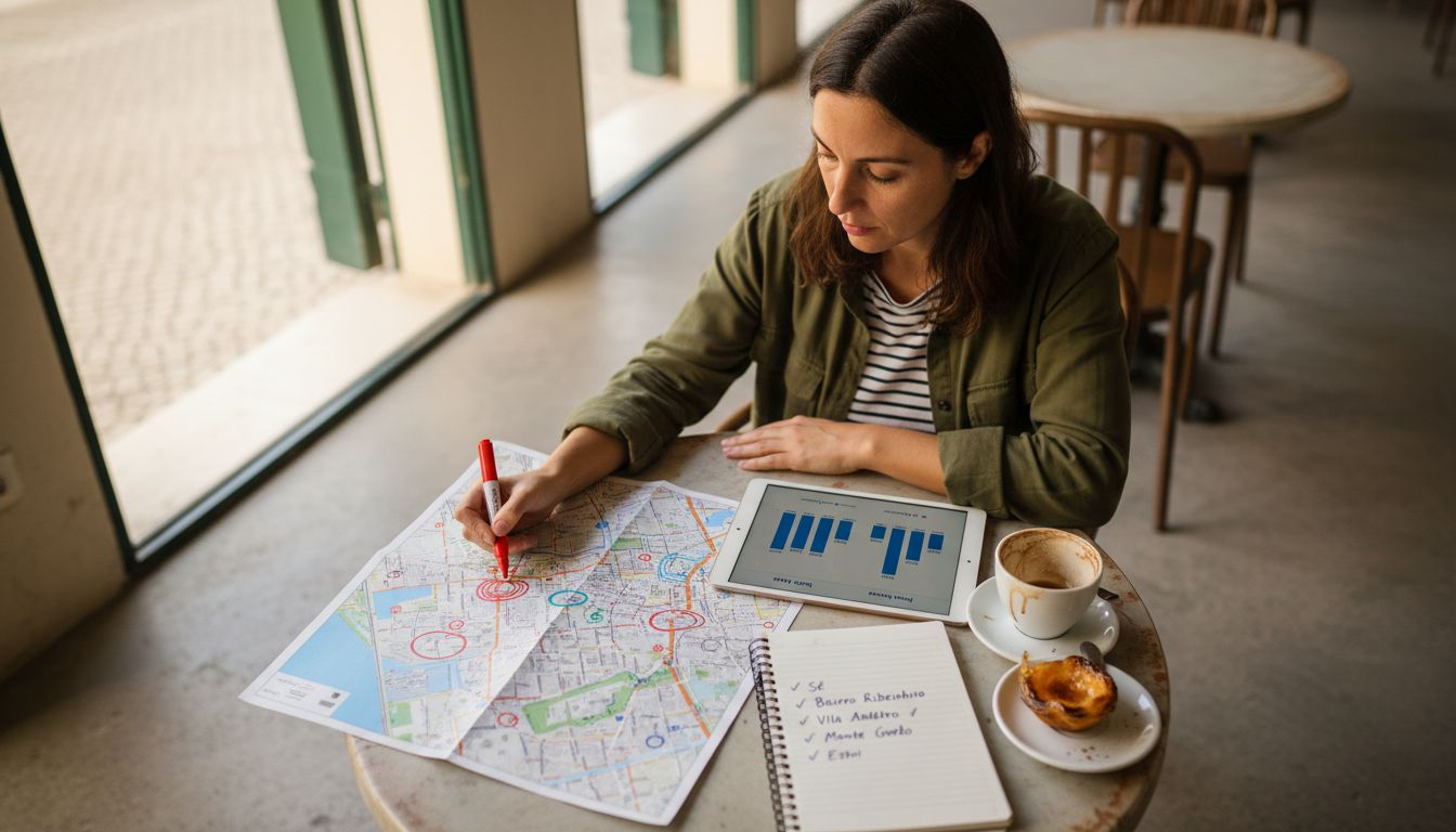Woman marks Algarve neighborhoods on city map