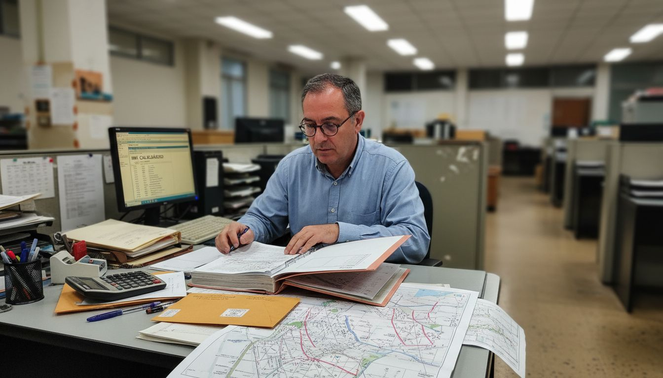 Tax officer reviewing property tax documents Portugal