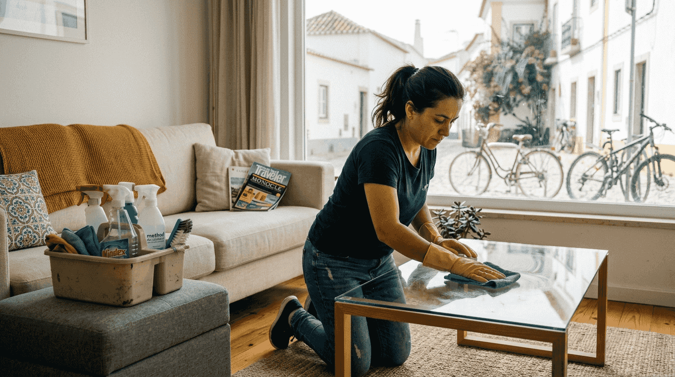 Cleaning professional prepares Algarve rental interior