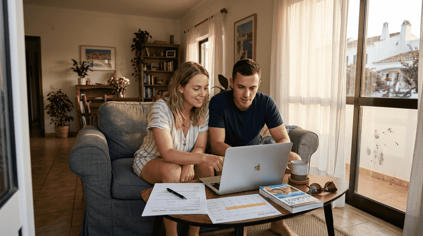 Couple comparing Algarve rental income strategies
