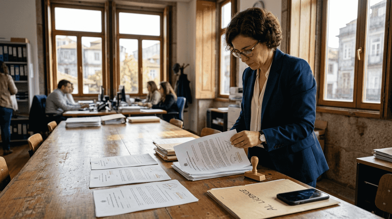 Lawyer checking property debts in Algarve office