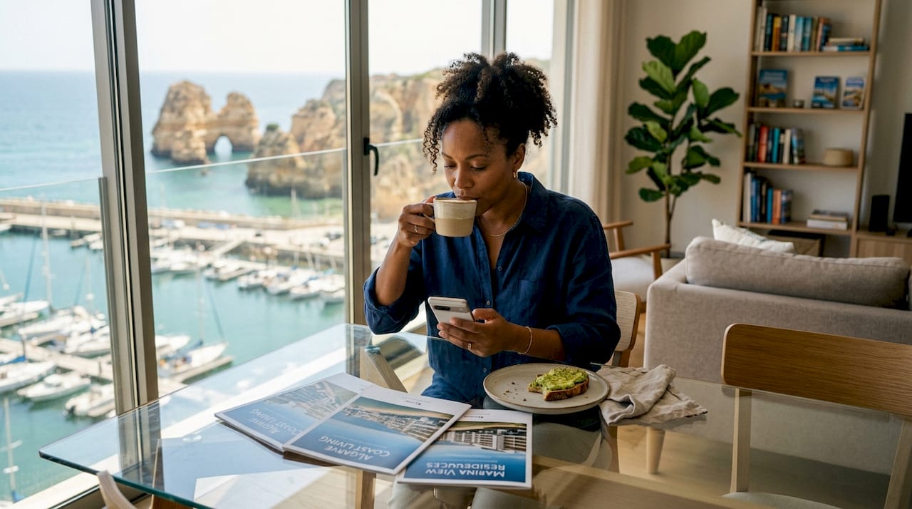 Woman at table with marina and cliffs view