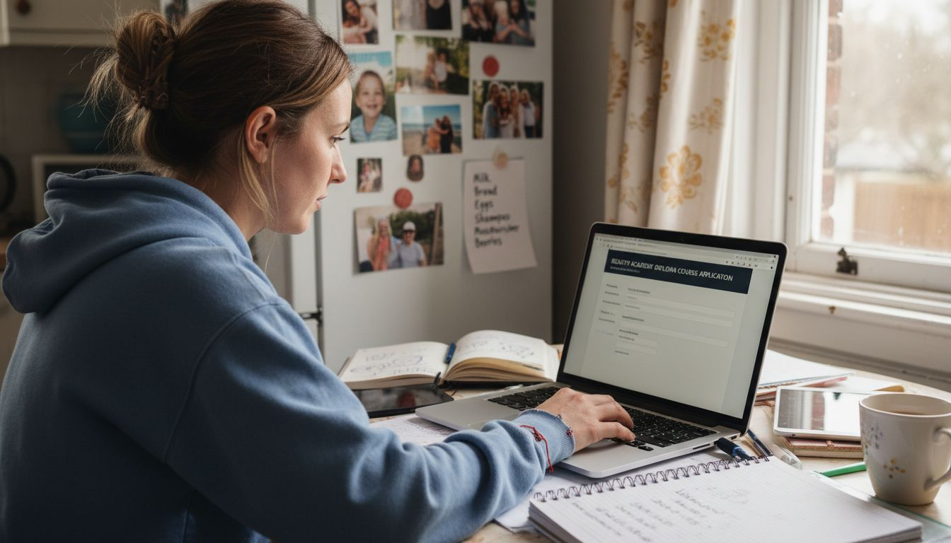 Enrolling in beauty course at kitchen table