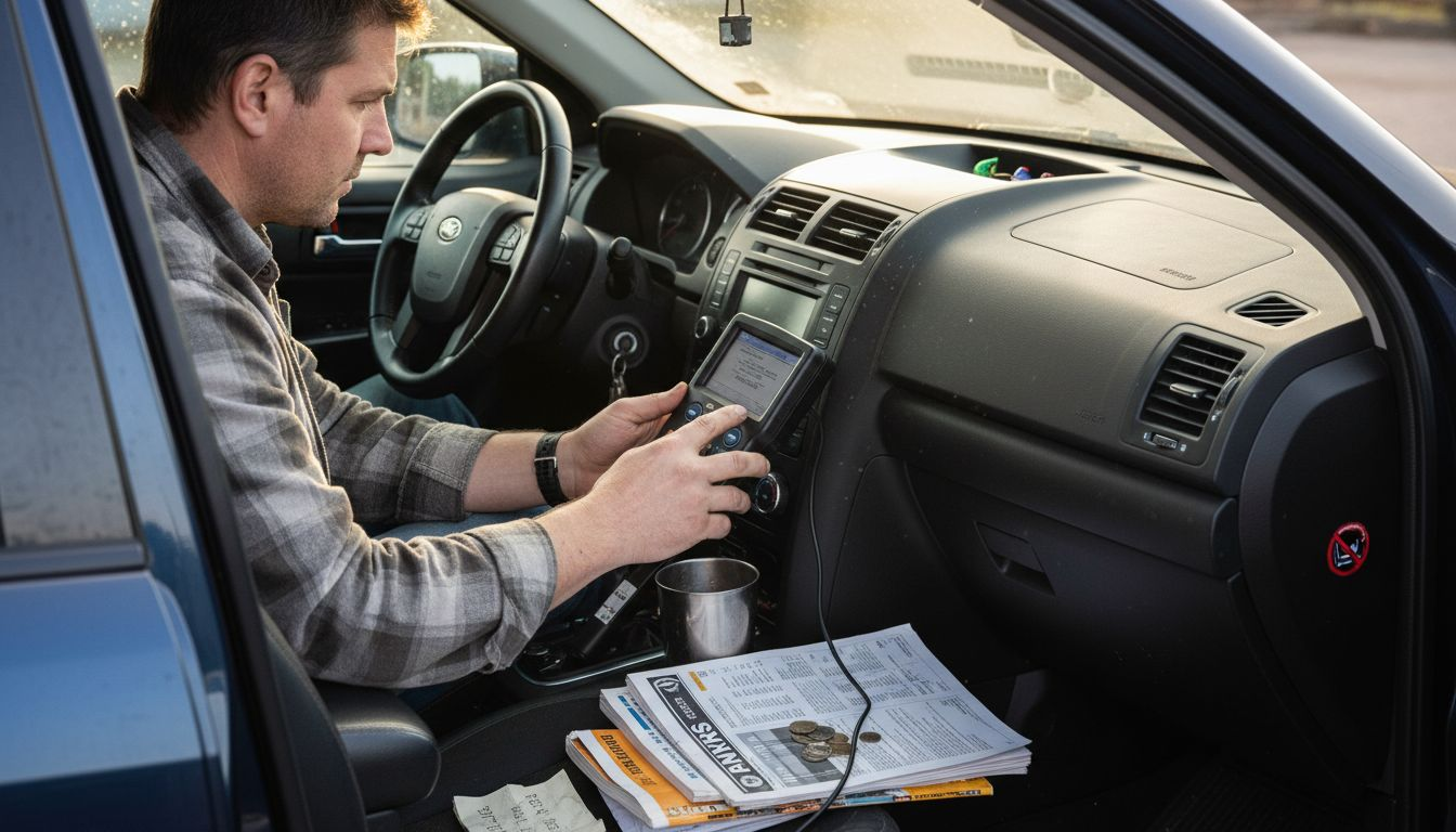 Technician using diagnostic scanner in car interior