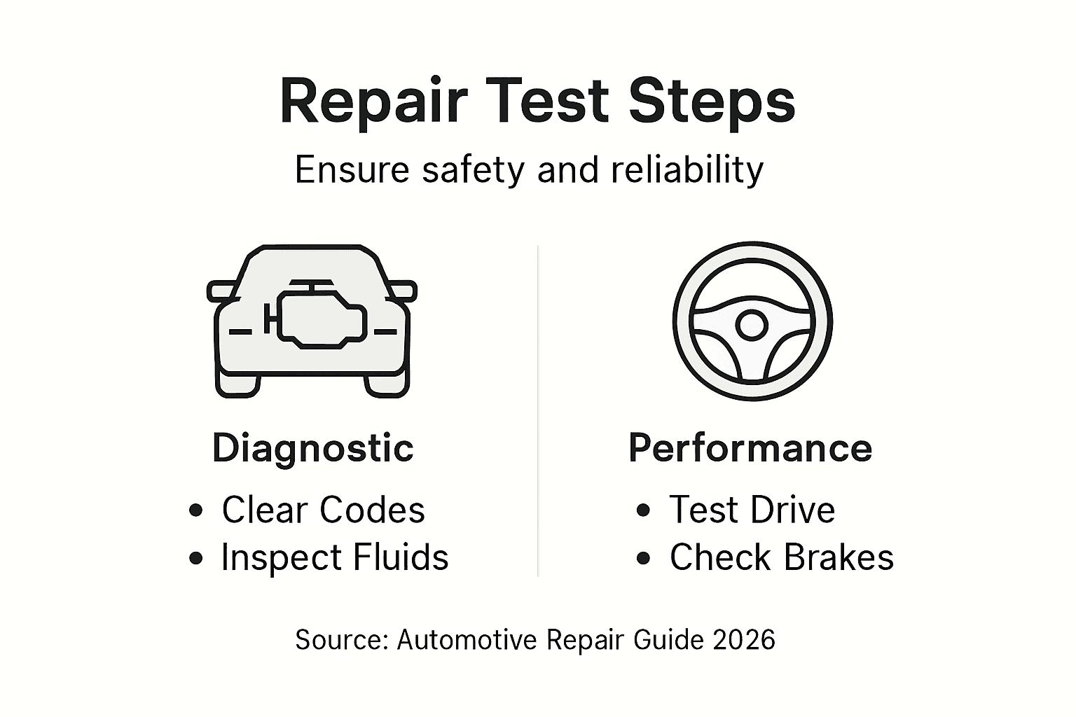 Infographic showing car repair testing checklist