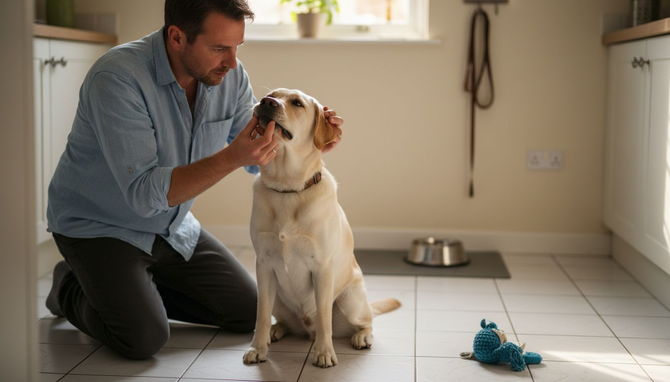 Der Hund lässt sich von seinem Herrchen die Zähne kontrollieren.