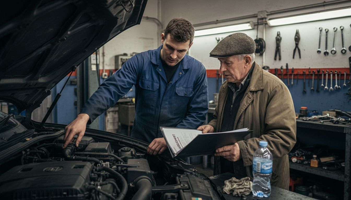 Mechanic discussing car warranty with customer