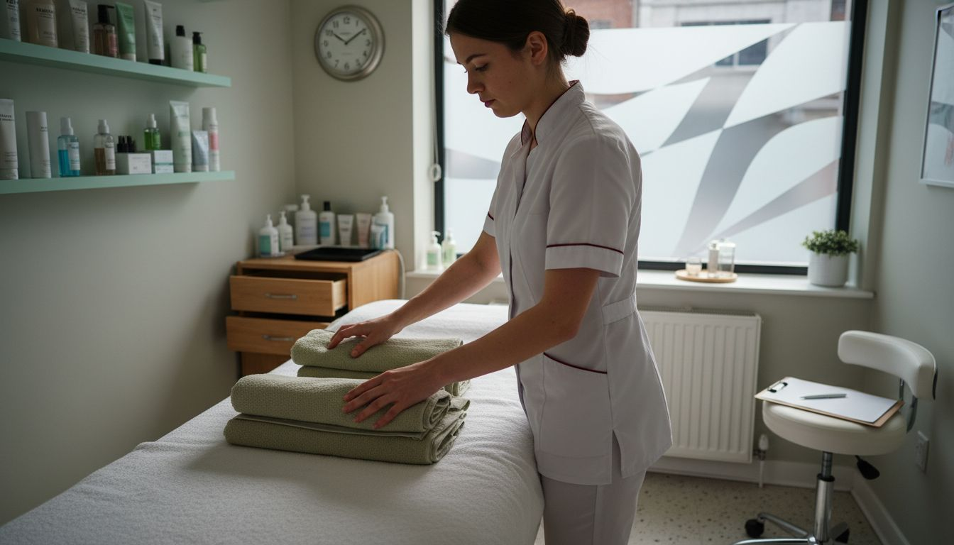 UK beauty therapist preparing spa treatment room
