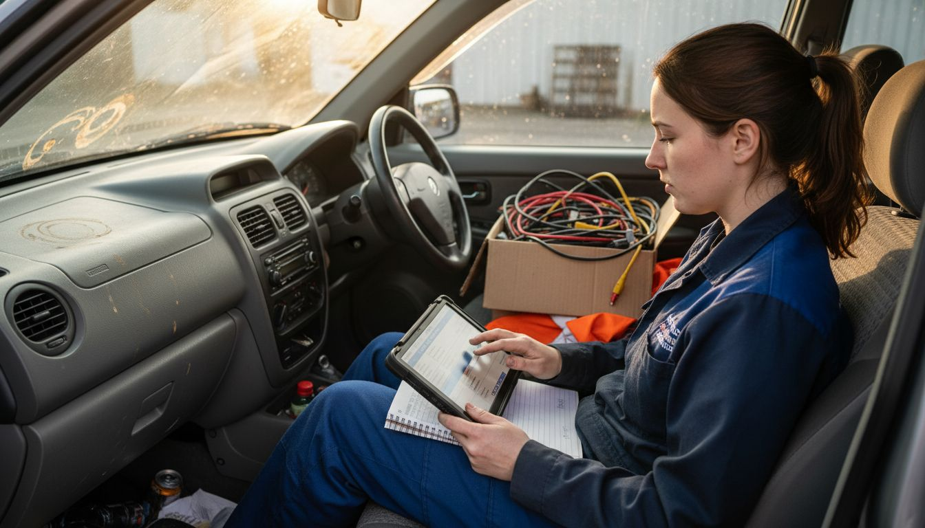 Technician testing car computer with scanner