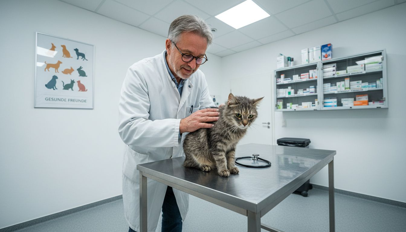 Ein Tierarzt untersucht eine ältere Katze in seiner Praxis.