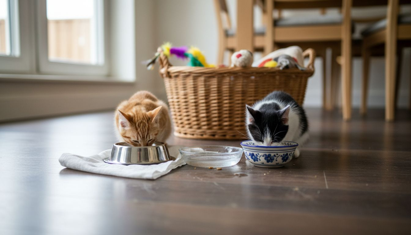 Mehrere Katzen genießen gemeinsam ihr gesundes Futter.