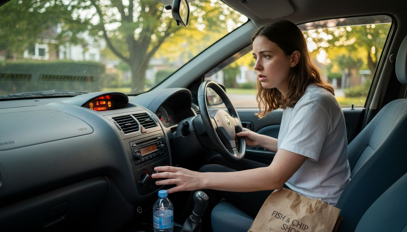 Concerned driver watches dashboard warning lights