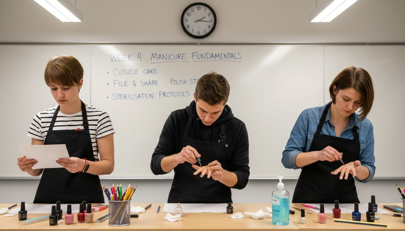 Students practicing manicures in beauty training class
