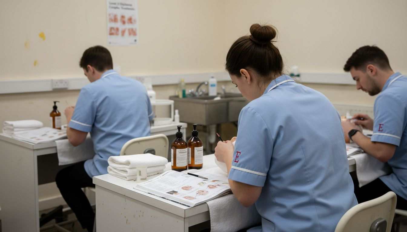 Students performing facials in classroom setting