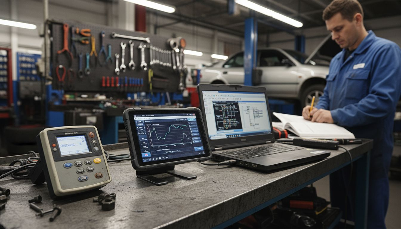 Diagnostic tools compared on auto shop bench
