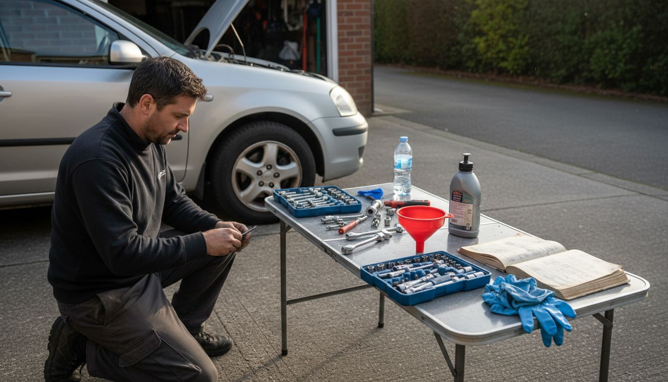 Gearbox oil change tools on driveway table