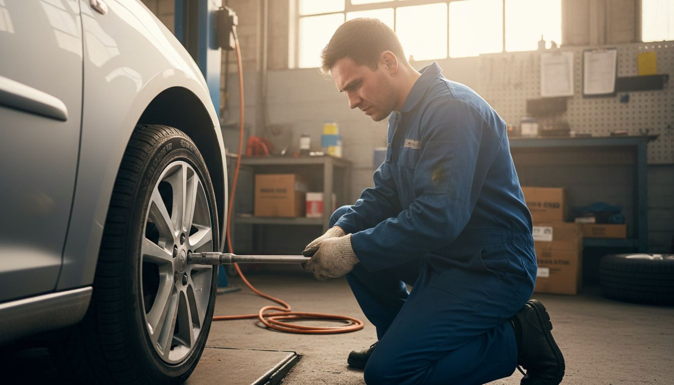 Technician repairing car wheel indoors