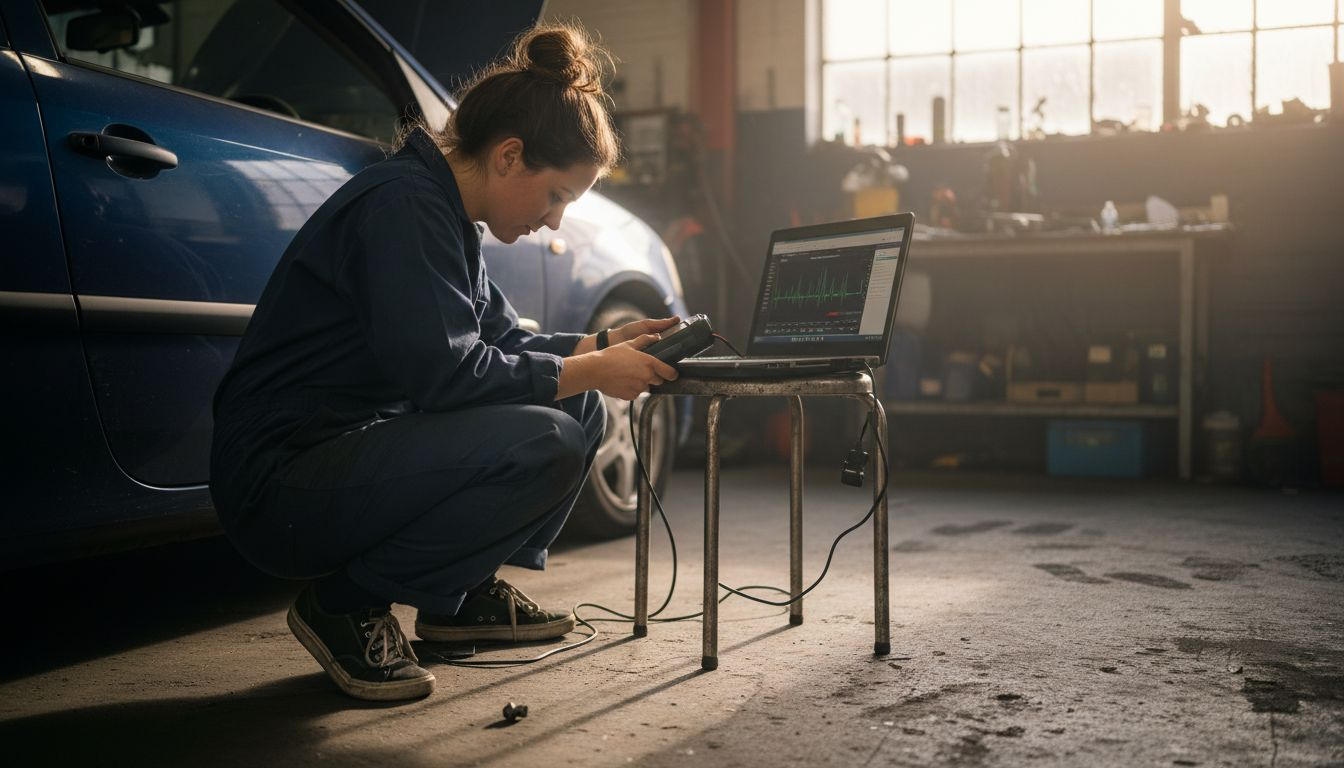 Mechanic using diagnostics tool inside car