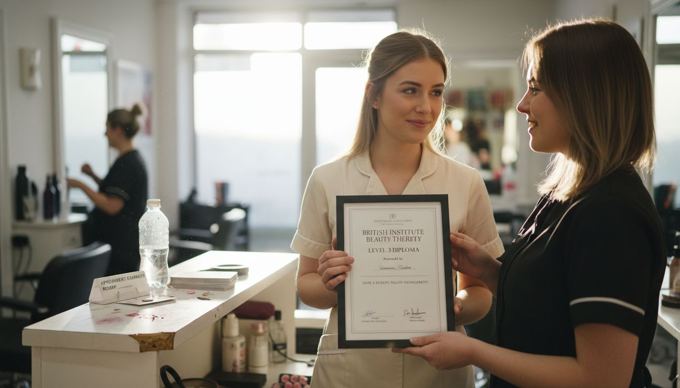 Student shows beauty certification in salon